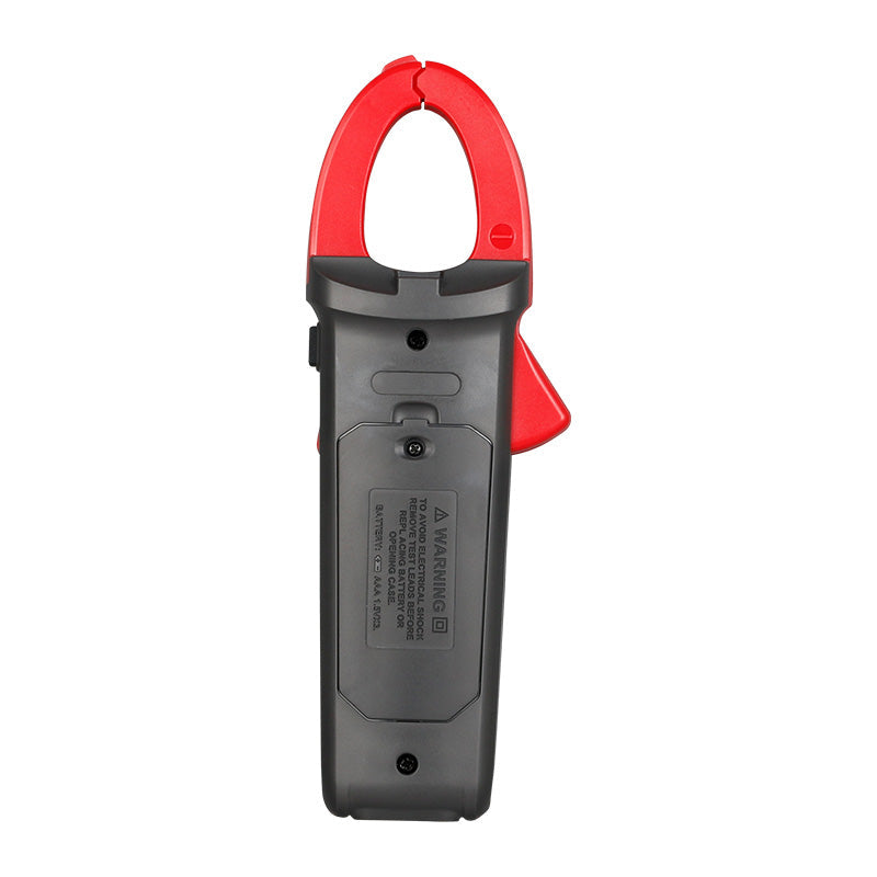 UNI-T UT213C True RMS Digital Clamp Meter – 400A AC, 4000 Count, AC/DC 600V, Resistance, Capacitance, Frequency, Temperature, NCV, Flashlight, 30mm Jaw, CAT III 600V - rear view showing the black battery compartment cover with warning text and the red jaw opening trigger.