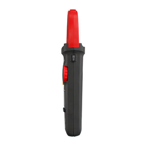 UNI-T UT213C True RMS Digital Clamp Meter – 400A AC, 4000 Count, AC/DC 600V, Resistance, Capacitance, Frequency, Temperature, NCV, Flashlight, 30mm Jaw, CAT III 600V - shown from a side profile view, highlighting the red jaw, black body, a red thumb-operated dial, and a flashlight icon.
