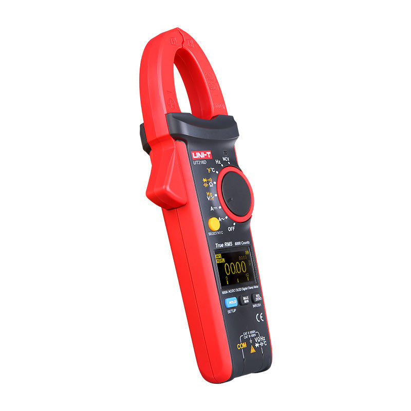 UNI-T UT216C True RMS Digital Clamp Meter – 600A AC/DC, 6000 Count, AC 750V / DC 1000V, Resistance, Capacitance, Frequency, Temperature, NCV, 30mm Jaw, CAT III 600V - UNI-T UT216D digital clamp meter in red and black, featuring a top jaw, a central rotary dial, a yellow select button, and an OLED display showing 00.00.