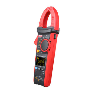 UNI-T UT216C True RMS Digital Clamp Meter – 600A AC/DC, 6000 Count, AC 750V / DC 1000V, Resistance, Capacitance, Frequency, Temperature, NCV, 30mm Jaw, CAT III 600V - UNI-T UT216D digital clamp meter in red and black, showing the jaw, rotary dial, yellow select button, and a digital display reading 00.00.