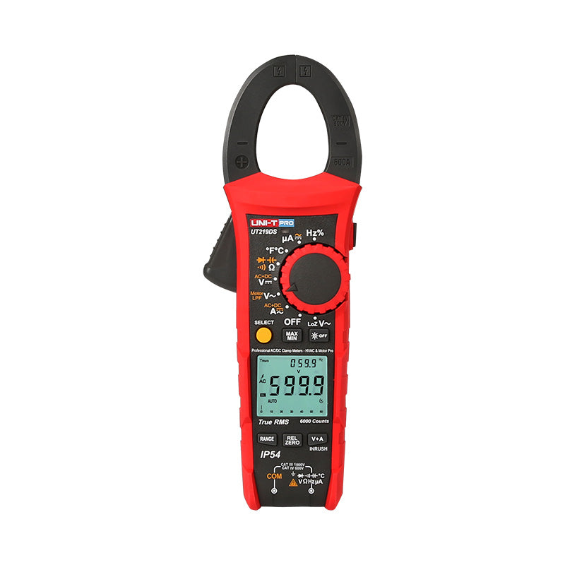 UNI-T UT219DS Professional Dual-Display Datalogging True RMS Clamp Meter – 600A AC/DC, 6000 Count, AC/DC 1000V, IP54, 2m Drop-Proof, Temperature, LoZ, NCV, CAT IV 600V - a red and black handheld device with a rotary dial, function buttons, and a digital display showing 599.9 V and 059.9 Hz.