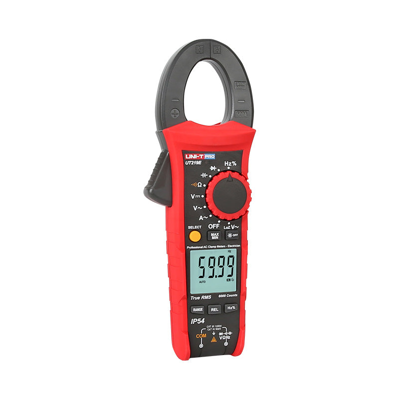 UNI-T UT219DS Professional Dual-Display Datalogging True RMS Clamp Meter – 600A AC/DC, 6000 Count, AC/DC 1000V, IP54, 2m Drop-Proof, Temperature, LoZ, NCV, CAT IV 600V - UNI-T UT219E clamp meter in red and black, featuring a digital display showing 59.99, a rotary function dial, side trigger, and bottom input ports.