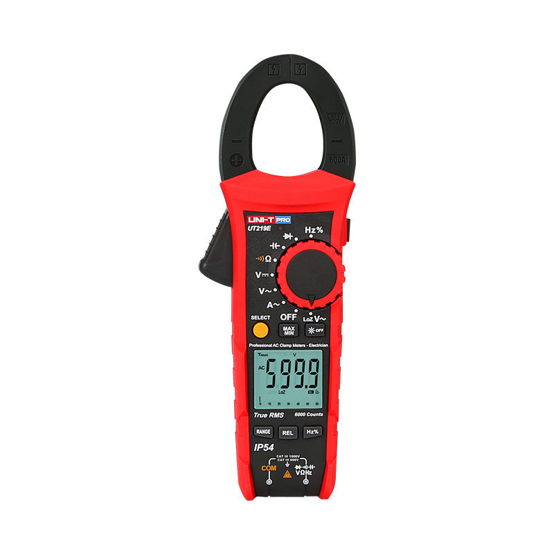 UNI-T UT219E Professional True RMS Digital Clamp Meter – 600A AC/DC, 6000 Count, AC/DC 1000V, IP54, 2m Drop-Proof, Temperature, LoZ, NCV, 33mm Jaw, CAT IV 600V - a red and black handheld device with a rotary dial, LCD screen displaying 599.9, and bottom ports.