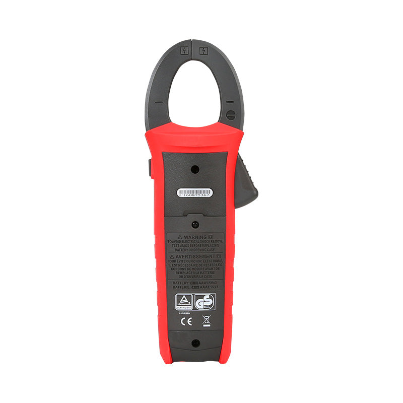 UNI-T UT219E Professional True RMS Digital Clamp Meter – 600A AC/DC, 6000 Count, AC/DC 1000V, IP54, 2m Drop-Proof, Temperature, LoZ, NCV, 33mm Jaw, CAT IV 600V - rear view showing the red and black plastic casing, battery compartment cover, and warning labels.
