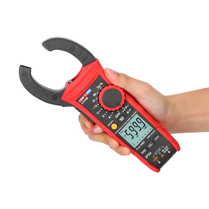 UNI-T UT219E Professional True RMS Digital Clamp Meter – 600A AC/DC, 6000 Count, AC/DC 1000V, IP54, 2m Drop-Proof, Temperature, LoZ, NCV, 33mm Jaw, CAT IV 600V - its red casing, black jaw, rotary dial, buttons, and LCD displaying 599.9.