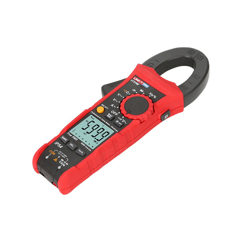 UNI-T UT219E Professional True RMS Digital Clamp Meter – 600A AC/DC, 6000 Count, AC/DC 1000V, IP54, 2m Drop-Proof, Temperature, LoZ, NCV, 33mm Jaw, CAT IV 600V - a red and black handheld device with a jaw, rotary dial, buttons, and a screen showing 599.9.