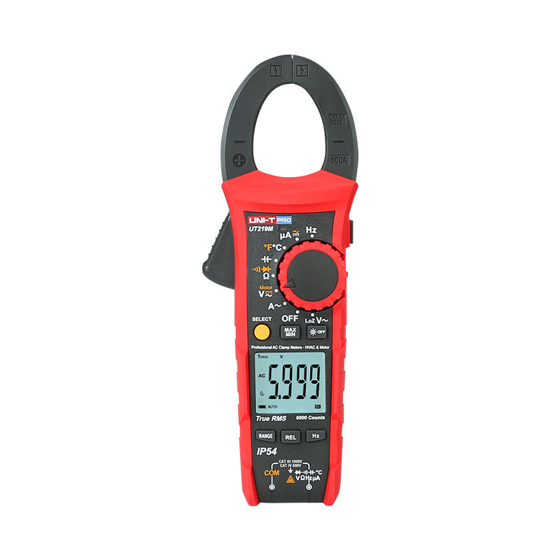 UNI-T UT219M Professional True RMS Digital Clamp Meter – 600A AC/DC, 6000 Count, Dual Display, AC/DC 1000V, IP54, 2m Drop-Proof, Temperature, LoZ, NCV, CAT IV 600V - a top jaw, rotary dial, yellow select button, and a digital display showing 5.999.