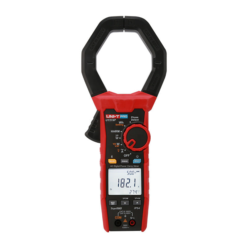 UNI-T UT219P AC Digital Power Clamp Meter – 1000A AC, 1000V, 3-Phase Power up to 3000kW, Harmonics/THD, Power Factor, Phase Sequence, True RMS, Bluetooth 5.0, 75mm Jaw, IP54, CAT IV 600V - a red and black handheld device with a large jaw, rotary dial, buttons, and an LCD screen showing 182.1.