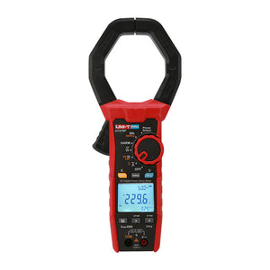 UNI-T UT219P AC Digital Power Clamp Meter – 1000A AC, 1000V, 3-Phase Power up to 3000kW, Harmonics/THD, Power Factor, Phase Sequence, True RMS, Bluetooth 5.0, 75mm Jaw, IP54, CAT IV 600V - a red and black handheld device with a jaw, rotary dial, buttons, and a screen displaying 229.6V and 50.0Hz.