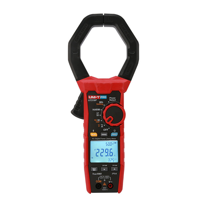 UNI-T UT219P AC Digital Power Clamp Meter – 1000A AC, 1000V, 3-Phase Power up to 3000kW, Harmonics/THD, Power Factor, Phase Sequence, True RMS, Bluetooth 5.0, 75mm Jaw, IP54, CAT IV 600V - a red and black handheld device with a jaw, rotary dial, buttons, and a screen displaying 229.6V and 50.0Hz.
