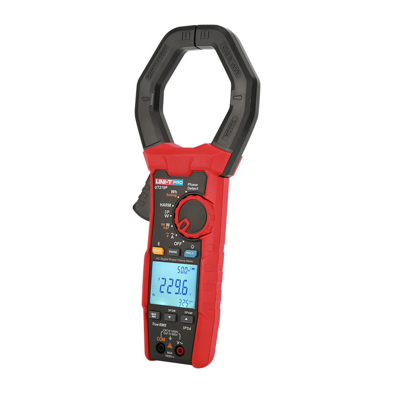 UNI-T UT219P AC Digital Power Clamp Meter – 1000A AC, 1000V, 3-Phase Power up to 3000kW, Harmonics/THD, Power Factor, Phase Sequence, True RMS, Bluetooth 5.0, 75mm Jaw, IP54, CAT IV 600V - a red and black handheld device with a jaw, rotary dial, buttons, and a digital display showing 229.6 V.