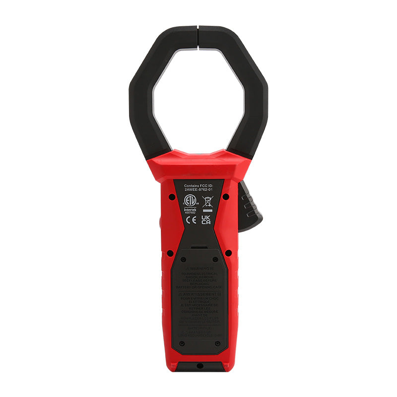 UNI-T UT219P AC Digital Power Clamp Meter – 1000A AC, 1000V, 3-Phase Power up to 3000kW, Harmonics/THD, Power Factor, Phase Sequence, True RMS, Bluetooth 5.0, 75mm Jaw, IP54, CAT IV 600V - rear view showing the red body, black clamp jaws, a side trigger, and regulatory certification labels.