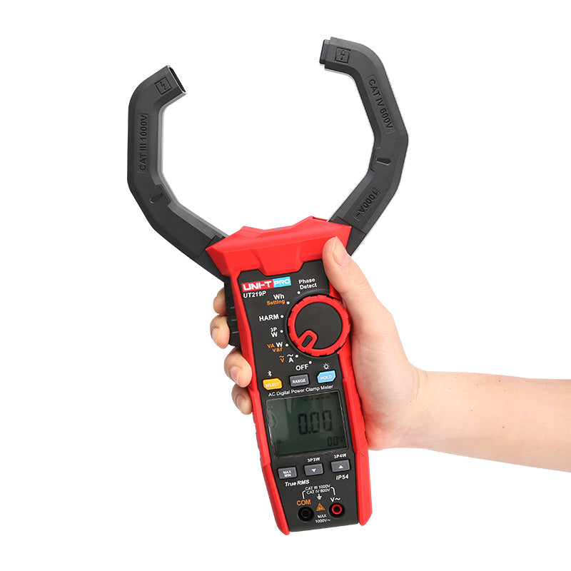 UNI-T UT219P AC Digital Power Clamp Meter – 1000A AC, 1000V, 3-Phase Power up to 3000kW, Harmonics/THD, Power Factor, Phase Sequence, True RMS, Bluetooth 5.0, 75mm Jaw, IP54, CAT IV 600V - its red and black body, open jaw, rotary dial, buttons, and a screen displaying 0.00.