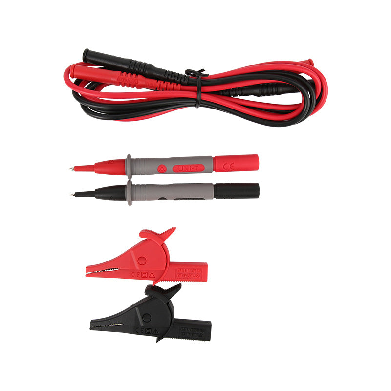 UNI-T UT219P AC Digital Power Clamp Meter – 1000A AC, 1000V, 3-Phase Power up to 3000kW, Harmonics/THD, Power Factor, Phase Sequence, True RMS, Bluetooth 5.0, 75mm Jaw, IP54, CAT IV 600V - accessories set including a pair of red and black test leads, two probe handles, and two alligator clips.
