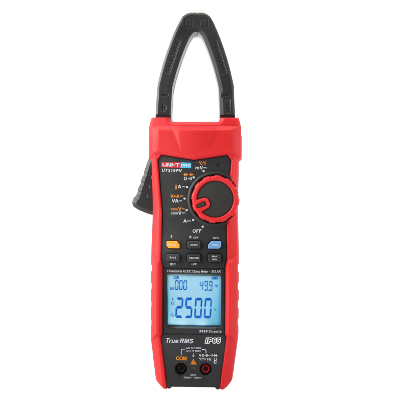 UNI-T UT219PV Professional Solar PV True RMS AC/DC Clamp Meter – 1000A, AC 1500V / DC 2500V, 2500kVA Power, 9999 Count, IP65, Bluetooth 5.0, Temperature, CAT III 1500V / CAT IV 600V - a red and black handheld device with a rotary dial, function buttons, and a digital display showing 2500 V and 49.9 Hz.