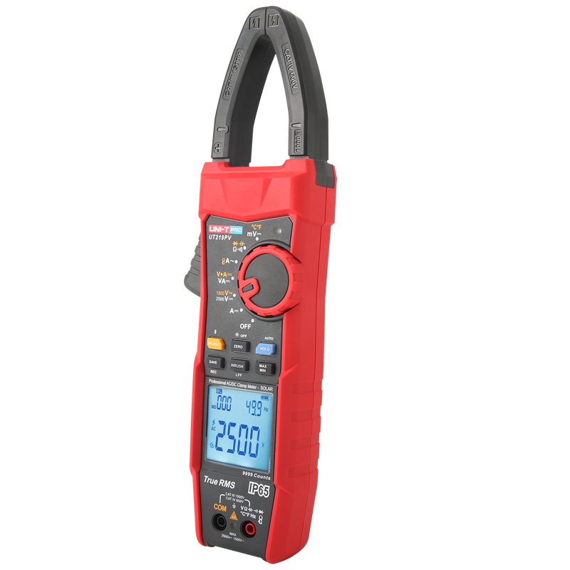 UNI-T UT219PV Professional Solar PV True RMS AC/DC Clamp Meter – 1000A, AC 1500V / DC 2500V, 2500kVA Power, 9999 Count, IP65, Bluetooth 5.0, Temperature, CAT III 1500V / CAT IV 600V - in red and black, showing a rotary dial, function buttons, and a digital display reading 2500 V and 49.9 Hz.