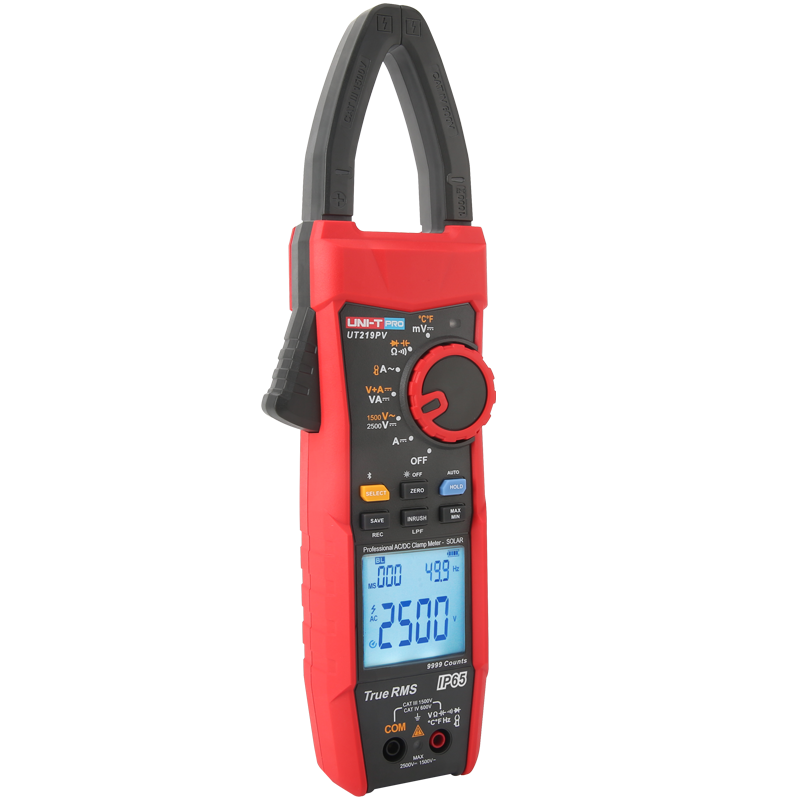 UNI-T UT219PV Professional Solar PV True RMS AC/DC Clamp Meter – 1000A, AC 1500V / DC 2500V, 2500kVA Power, 9999 Count, IP65, Bluetooth 5.0, Temperature, CAT III 1500V / CAT IV 600V - a red and black handheld device with a digital display showing 2500V, a rotary selector dial, buttons, and input ports.