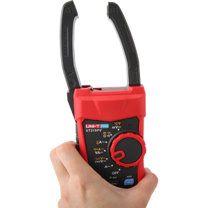 UNI-T UT219PV Professional Solar PV True RMS AC/DC Clamp Meter – 1000A, AC 1500V / DC 2500V, 2500kVA Power, 9999 Count, IP65, Bluetooth 5.0, Temperature, CAT III 1500V / CAT IV 600V - held in a hand, featuring a red body, black jaws, a central rotary function dial, and blue hold and zero buttons.