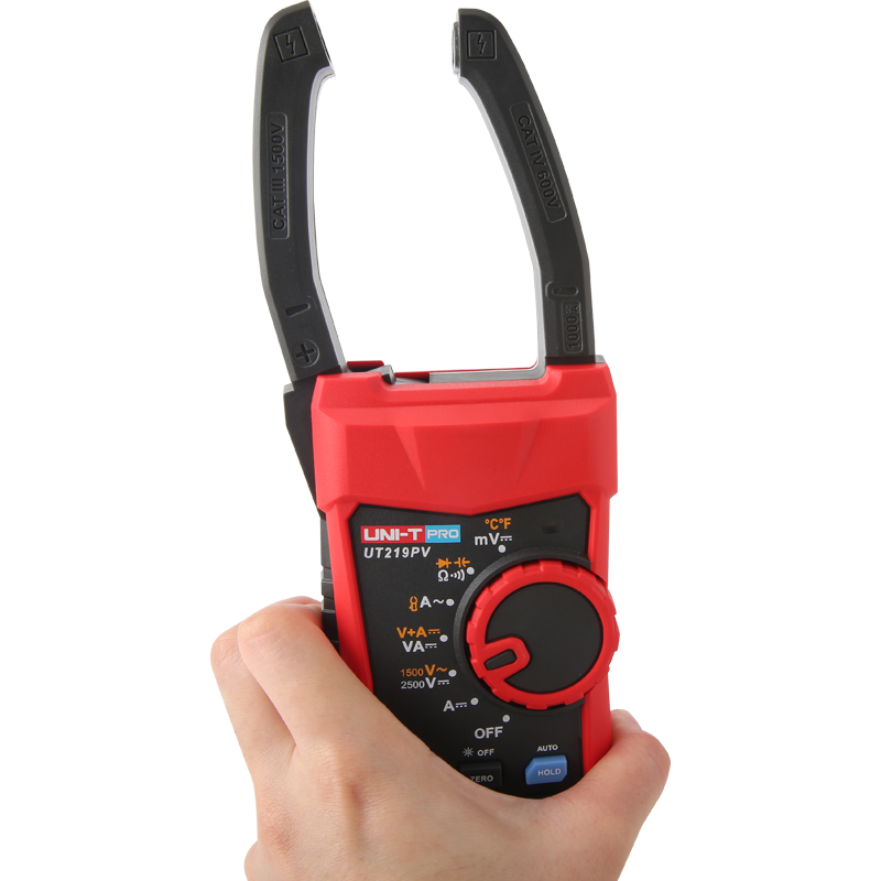 UNI-T UT219PV Professional Solar PV True RMS AC/DC Clamp Meter – 1000A, AC 1500V / DC 2500V, 2500kVA Power, 9999 Count, IP65, Bluetooth 5.0, Temperature, CAT III 1500V / CAT IV 600V - held in a hand, featuring a red body, black jaws, a central rotary function dial, and blue hold and zero buttons.
