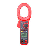 UNI-T UT221 True RMS Digital Clamp Meter – 2000A AC/DC, 6000 Count, 63mm Large Jaw, AC 750V / DC 1000V, Resistance, Capacitance, NCV, Overload Protection, CAT III 600V - a red handheld device with a large jaw, a rotary function knob, control buttons, and an LCD showing 0.000 V.