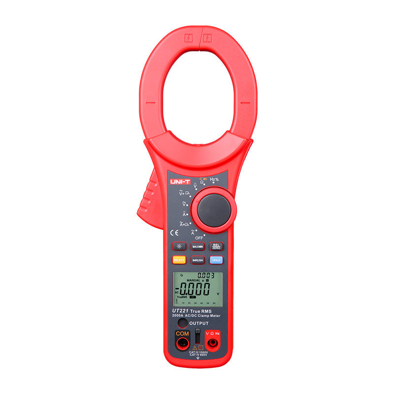 UNI-T UT221 True RMS Digital Clamp Meter – 2000A AC/DC, 6000 Count, 63mm Large Jaw, AC 750V / DC 1000V, Resistance, Capacitance, NCV, Overload Protection, CAT III 600V - a red handheld device with a large jaw, a rotary function knob, control buttons, and an LCD showing 0.000 V.