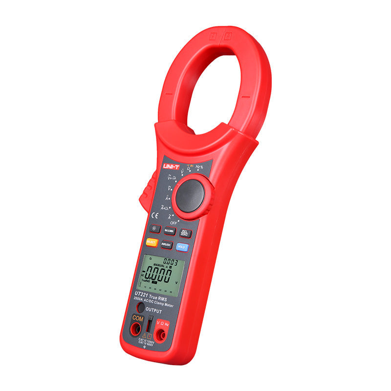 UNI-T UT221 True RMS Digital Clamp Meter – 2000A AC/DC, 6000 Count, 63mm Large Jaw, AC 750V / DC 1000V, Resistance, Capacitance, NCV, Overload Protection, CAT III 600V - a red handheld device with a large jaw, rotary dial, function buttons, and a digital display showing 0.000 V and 0.003.