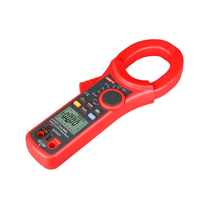 UNI-T UT221 True RMS Digital Clamp Meter – 2000A AC/DC, 6000 Count, 63mm Large Jaw, AC 750V / DC 1000V, Resistance, Capacitance, NCV, Overload Protection, CAT III 600V - the large jaw, rotary function dial, buttons, input ports, and an LCD screen displaying 0.000.