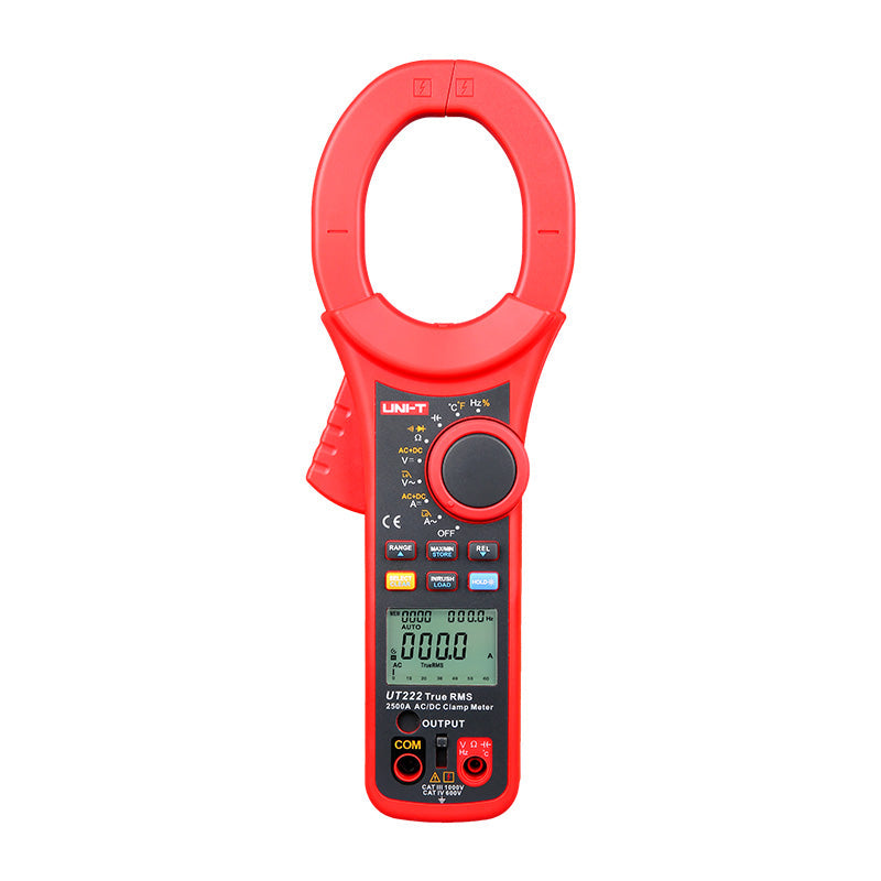 UNI-T UT222 True RMS Digital Clamp Meter – 2500A AC/DC, 6000 Count, 63mm Large Jaw, AC/DC 1000V, 66MΩ Resistance, Temperature, NCV, Overload Protection, CAT III 600V - a red handheld device with a large top jaw, a central rotary dial, function buttons, and a screen displaying 000.0.