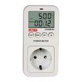 UNI-T UT230B-EU Plug-In Power Socket Energy Meter – Monitors Voltage, Current, Power, kWh, Cost & CO₂ for EU Schuko Outlets, 100–260V, 16A, Overload Alarm - a white plug-in energy monitor with a digital display showing 50.0 Hz and 00:12, four control buttons, and a Schuko socket.