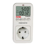 UNI-T UT230B-EU Plug-In Power Socket Energy Meter – Monitors Voltage, Current, Power, kWh, Cost & CO₂ for EU Schuko Outlets, 100–260V, 16A, Overload Alarm - a white plug-in energy monitor with a digital display showing 50.0 Hz and 00:12, four control buttons, and a Schuko socket.