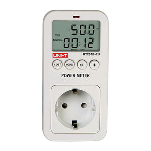 UNI-T UT230B-EU Plug-In Power Socket Energy Meter – Monitors Voltage, Current, Power, kWh, Cost & CO₂ for EU Schuko Outlets, 100–260V, 16A, Overload Alarm - a white plug-in energy monitor with a digital display showing 50.0 Hz and 00:12, four control buttons, and a Schuko socket.