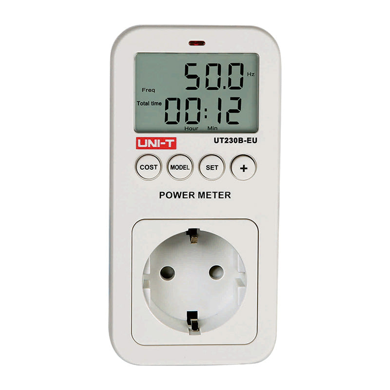 UNI-T UT230B-EU Plug-In Power Socket Energy Meter – Monitors Voltage, Current, Power, kWh, Cost & CO₂ for EU Schuko Outlets, 100–260V, 16A, Overload Alarm - a white plug-in energy monitor with a digital display showing 50.0 Hz and 00:12, four control buttons, and a Schuko socket.