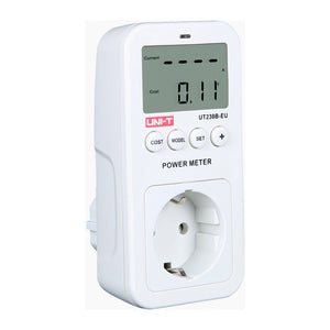 UNI-T UT230B-EU Plug-In Power Socket Energy Meter – Monitors Voltage, Current, Power, kWh, Cost & CO₂ for EU Schuko Outlets, 100–260V, 16A, Overload Alarm - a front-facing LCD showing "0.11", four control buttons, and a Schuko socket outlet.