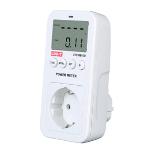 UNI-T UT230B-EU Plug-In Power Socket Energy Meter – Monitors Voltage, Current, Power, kWh, Cost & CO₂ for EU Schuko Outlets, 100–260V, 16A, Overload Alarm - a white plug-in energy monitor with a digital display showing 0.11, four control buttons, and a front-facing Schuko socket.
