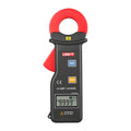 UNI-T UT251A High-Sensitivity AC Leakage Current Clamp Meter – 0.001mA to 600A, 1µA Resolution, 10000 Count, 0–600V, 25×30mm Jaw, 99-Set Memory, CAT III 600V - a black and red handheld device with a HOLD button, a POWER button, and a digital display showing 9999 AC mA.