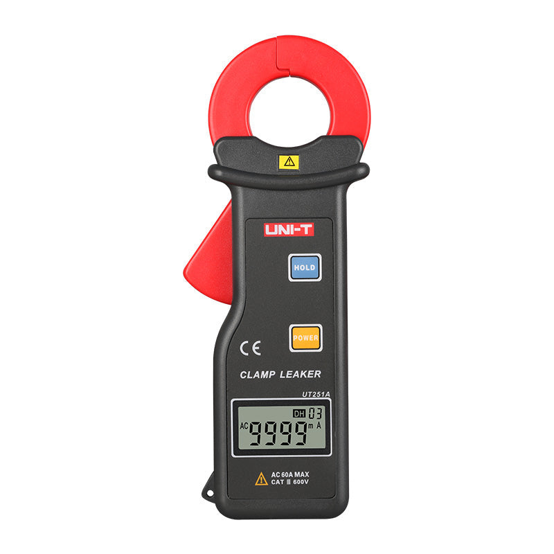 UNI-T UT251A High-Sensitivity AC Leakage Current Clamp Meter – 0.001mA to 600A, 1µA Resolution, 10000 Count, 0–600V, 25×30mm Jaw, 99-Set Memory, CAT III 600V - a black and red handheld device with a HOLD button, a POWER button, and a digital display showing 9999 AC mA.