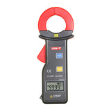 UNI-T UT251C AC Leakage Current Clamp Meter – 0.001mA to 600A, 1mA Resolution, 10000 Count, 0–600V, Large 35×40mm Jaw, 99-Set Memory, CAT III 600V - a black handheld device with a red jaw, blue HOLD button, yellow POWER button, and a screen showing 9999.