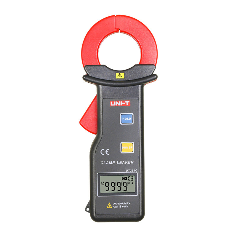 UNI-T UT251C AC Leakage Current Clamp Meter – 0.001mA to 600A, 1mA Resolution, 10000 Count, 0–600V, Large 35×40mm Jaw, 99-Set Memory, CAT III 600V - a black handheld device with a red jaw, blue HOLD button, yellow POWER button, and a screen showing 9999.