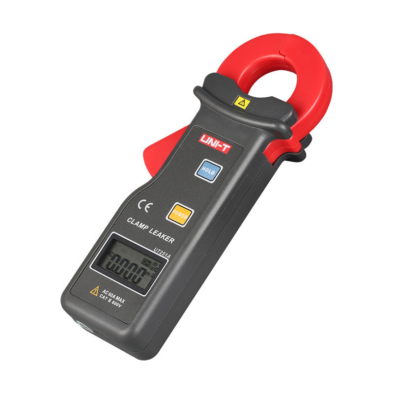 UNI-T UT251C AC Leakage Current Clamp Meter – 0.001mA to 600A, 1mA Resolution, 10000 Count, 0–600V, Large 35×40mm Jaw, 99-Set Memory, CAT III 600V - UNI-T UT251A clamp meter in grey and red, featuring a digital display showing 0.000, a HOLD button, a POWER button, and a red jaw-opening lever.