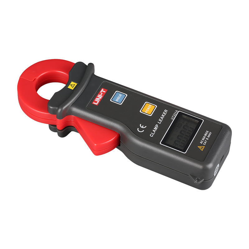 UNI-T UT251C AC Leakage Current Clamp Meter – 0.001mA to 600A, 1mA Resolution, 10000 Count, 0–600V, Large 35×40mm Jaw, 99-Set Memory, CAT III 600V - a red jaw, a black body with a digital display, and buttons labeled HOLD and POWER.