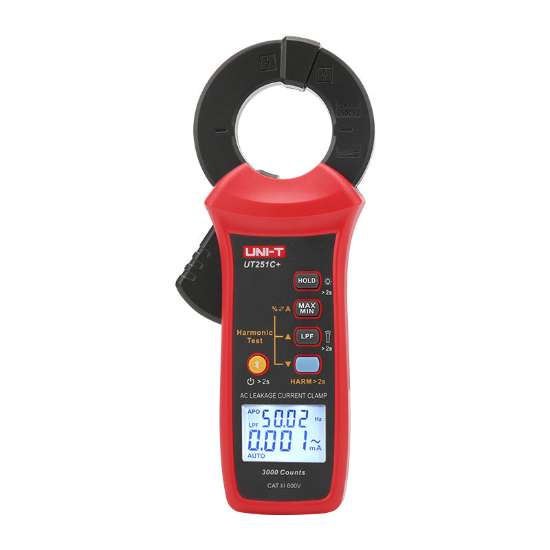 UNI-T UT251C+ AC Leakage Current Clamp Meter – 1µA Resolution, 3mA to 60A, 40mm Jaw, Harmonic Test, LPF, Bluetooth, Dual Display, CAT III 600V - a red handheld device with a black jaw, control buttons, and a digital display showing 50.02 Hz and 0.001 mA.