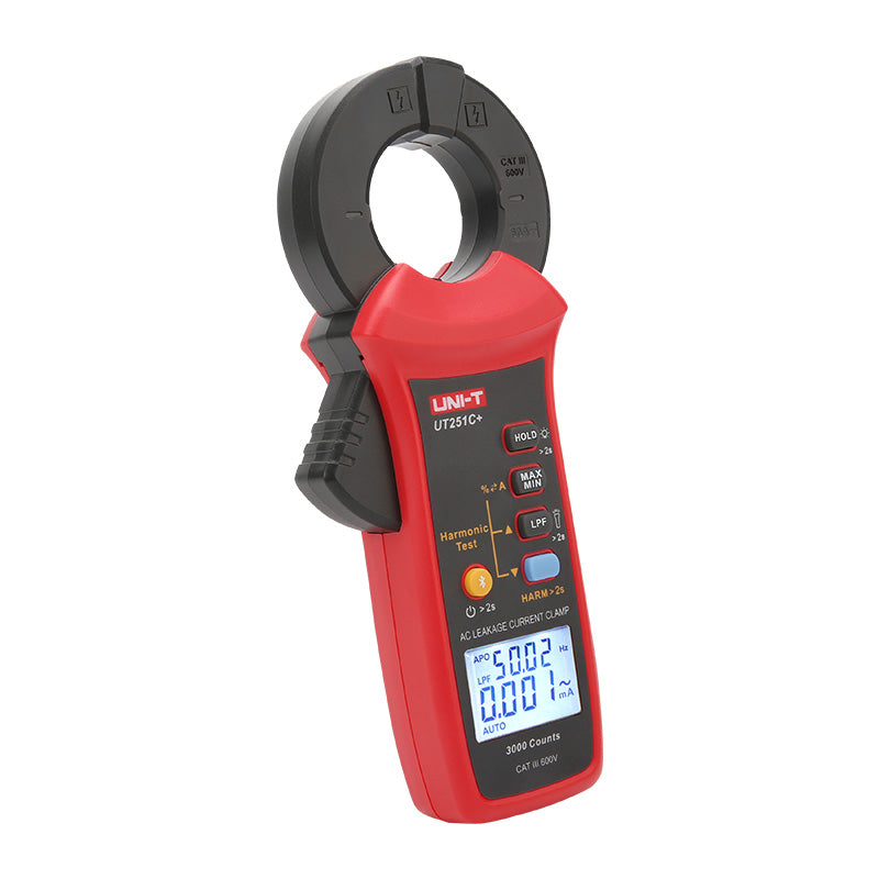 UNI-T UT251C+ AC Leakage Current Clamp Meter – 1µA Resolution, 3mA to 60A, 40mm Jaw, Harmonic Test, LPF, Bluetooth, Dual Display, CAT III 600V - the jaw, control buttons, and a digital display reading 50.02 Hz and 0.001 mA.