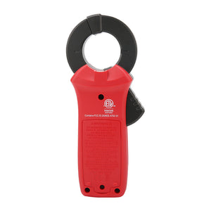 UNI-T UT251C+ AC Leakage Current Clamp Meter – 1µA Resolution, 3mA to 60A, 40mm Jaw, Harmonic Test, LPF, Bluetooth, Dual Display, CAT III 600V - rear view showing the red plastic casing, black jaw, battery compartment screw, and safety warning labels.