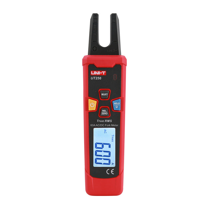 UNI-T UT256 True RMS AC/DC Fork Meter – 60A Open-Jaw Current, 10mm Fork, NCV, Zero & Relative Mode, Data Hold, Flashlight, 1m Drop-Proof, CAT III 600V - a red handheld device with an open-jaw sensor, control buttons, and a digital display showing 600.