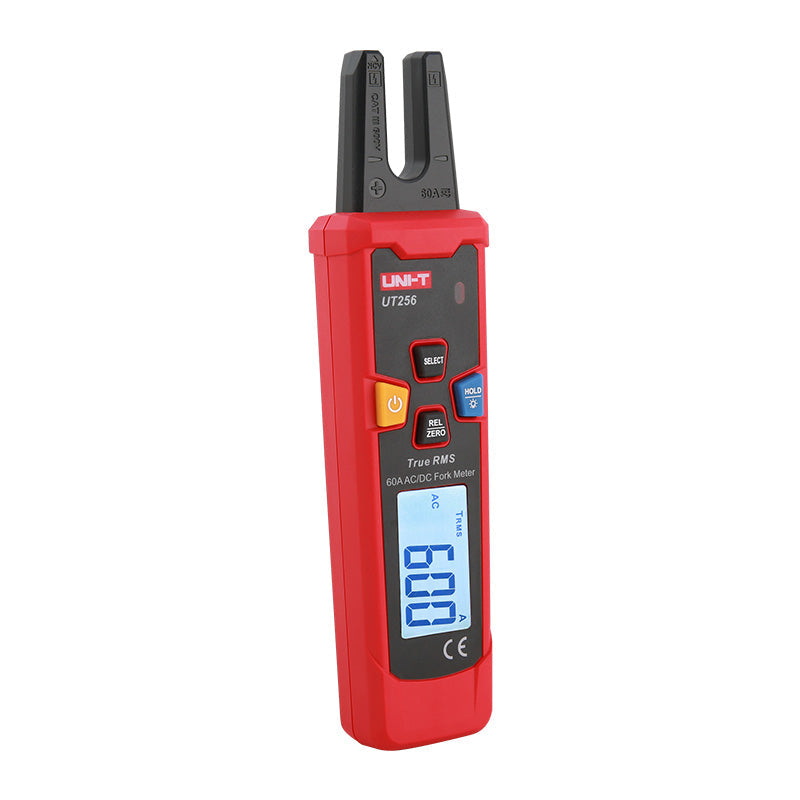 UNI-T UT256 True RMS AC/DC Fork Meter – 60A Open-Jaw Current, 10mm Fork, NCV, Zero & Relative Mode, Data Hold, Flashlight, 1m Drop-Proof, CAT III 600V - an open-jaw sensor, control buttons, and a digital display reading 600 A.