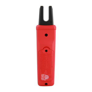 UNI-T UT256 True RMS AC/DC Fork Meter – 60A Open-Jaw Current, 10mm Fork, NCV, Zero & Relative Mode, Data Hold, Flashlight, 1m Drop-Proof, CAT III 600V - the red plastic back casing with a battery compartment, two screw holes, and safety warning text.