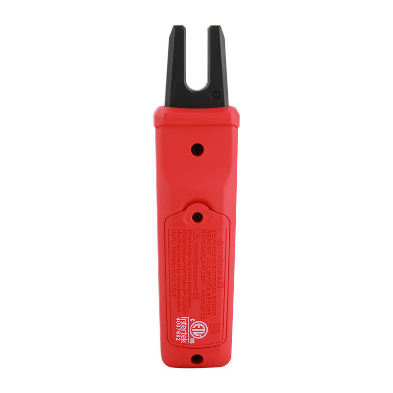 UNI-T UT256 True RMS AC/DC Fork Meter – 60A Open-Jaw Current, 10mm Fork, NCV, Zero & Relative Mode, Data Hold, Flashlight, 1m Drop-Proof, CAT III 600V - the red plastic back casing with a battery compartment, two screw holes, and safety warning text.