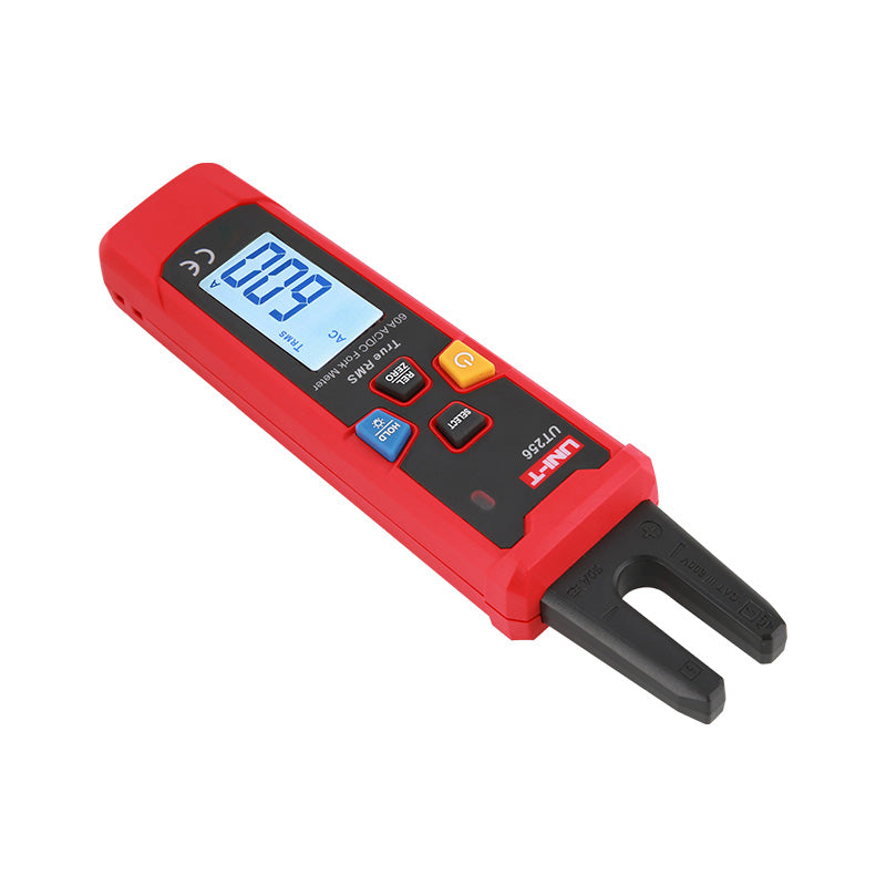 UNI-T UT256 True RMS AC/DC Fork Meter – 60A Open-Jaw Current, 10mm Fork, NCV, Zero & Relative Mode, Data Hold, Flashlight, 1m Drop-Proof, CAT III 600V - an open-jaw sensor, a digital display showing 60.0, and control buttons on the front.