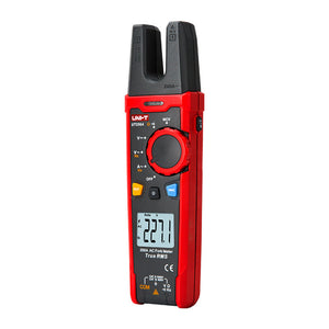 UNI-T UT256A True RMS AC/DC Fork Meter – 200A Open-Jaw Current, AC 750V / DC 1000V, Resistance, Frequency, NCV, Zero Mode, Data Hold, CAT II 1000V / CAT III 600V - in red and black, featuring an open-jaw sensor, a central rotary dial, control buttons, and an LCD screen displaying 227.1.