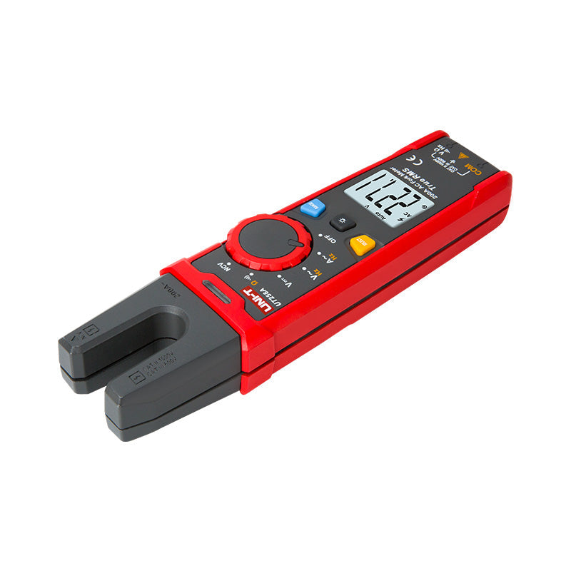 UNI-T UT256A True RMS AC/DC Fork Meter – 200A Open-Jaw Current, AC 750V / DC 1000V, Resistance, Frequency, NCV, Zero Mode, Data Hold, CAT II 1000V / CAT III 600V - in red and black, showing an open-jaw sensor, a digital display reading 22.7, a central rotary dial, and control buttons.